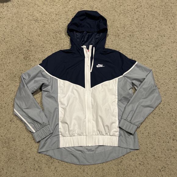 Nike size M women’s Jacket Windrunner Hooded Vented Running Golf Navy Gray B25 - Picture 7 of 12